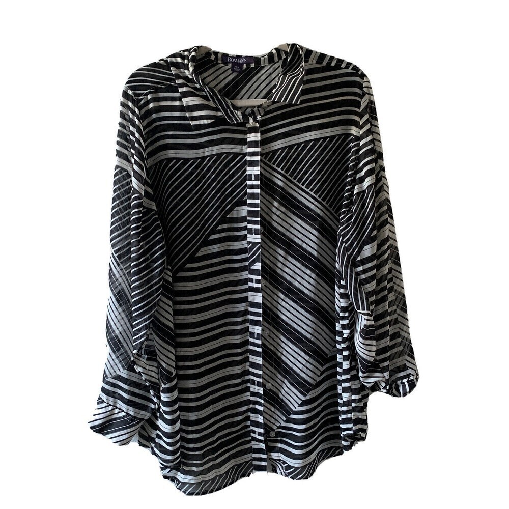 Roaman's Womens Plus Size 24W Multicolor Stripe Sheer Button Up Tunic Blouse
